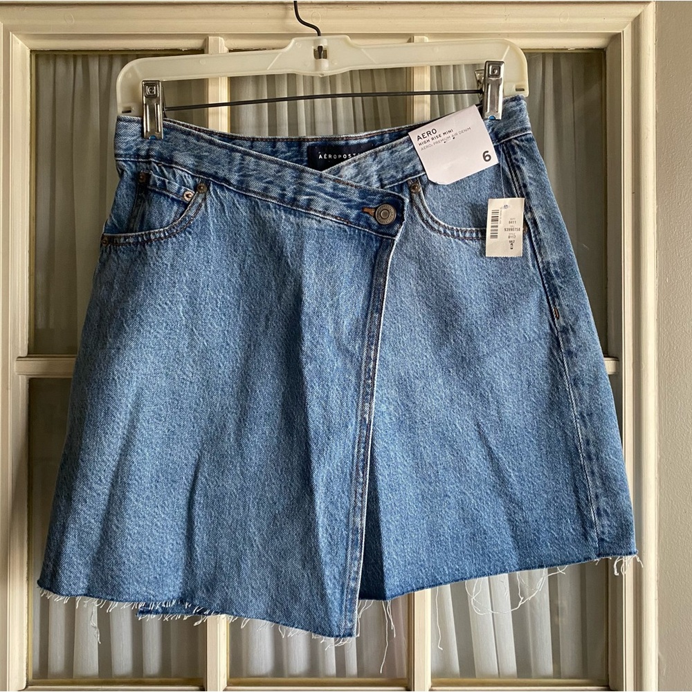 Aeropostale High Rise Mini Denim Wrap Skirt in Light Blue